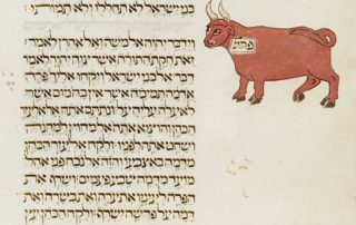 Joseph Ibn Hayyim marks the beginning of the Torah portion Chukat (חֻקַּת), which tells of the laws of the red heifer, with this beautiful creature. MS Kennicott 1; 'The Kennicott Bible'; 1476 CE; La Coruña, Spain; f.88v